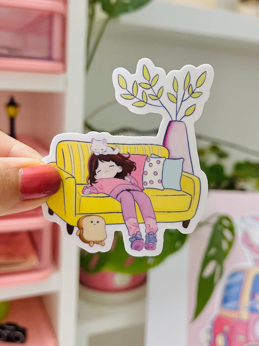 Kawaii Girl and Cat Nap Sticker - Cozy Laptop Journal Vinyl Decal