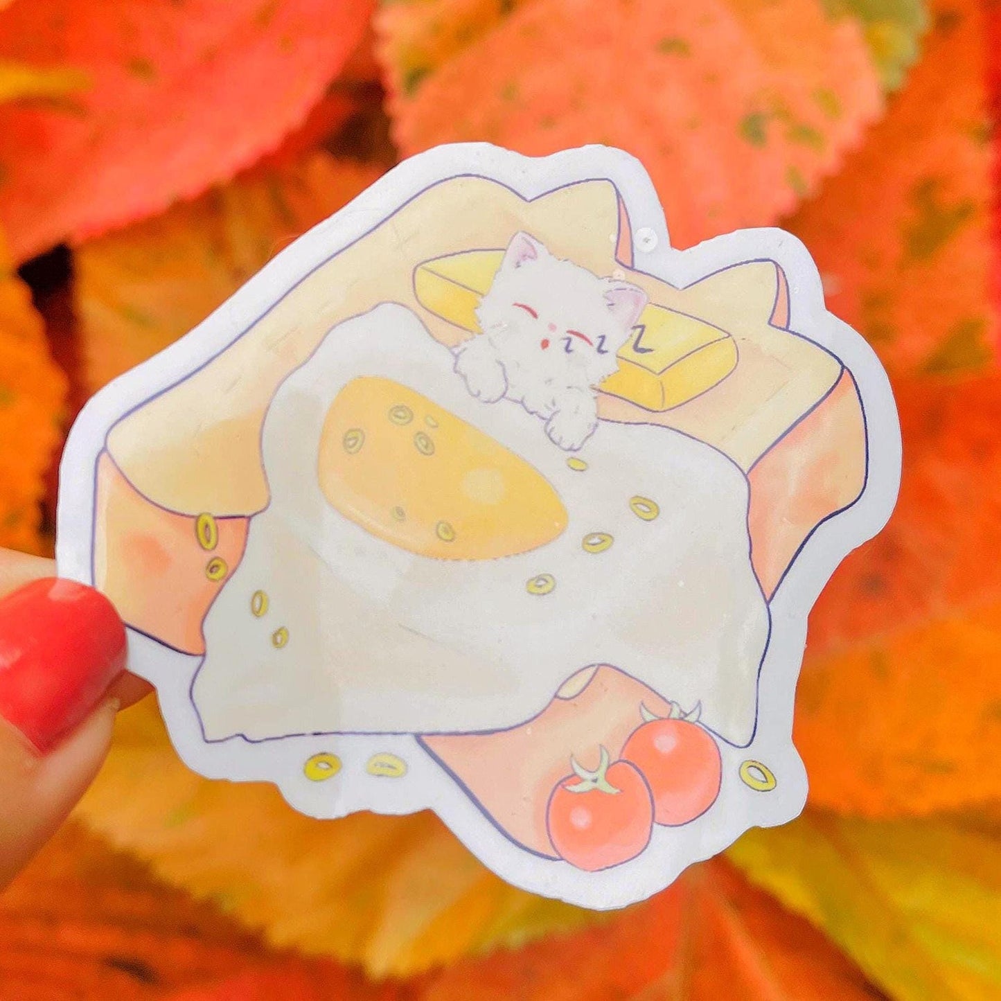Cute Cat on Toast Sticker – Laminated Waterproof Kawaii Breakfast Food Sticker – Hand Drawn Cat Lover Gift