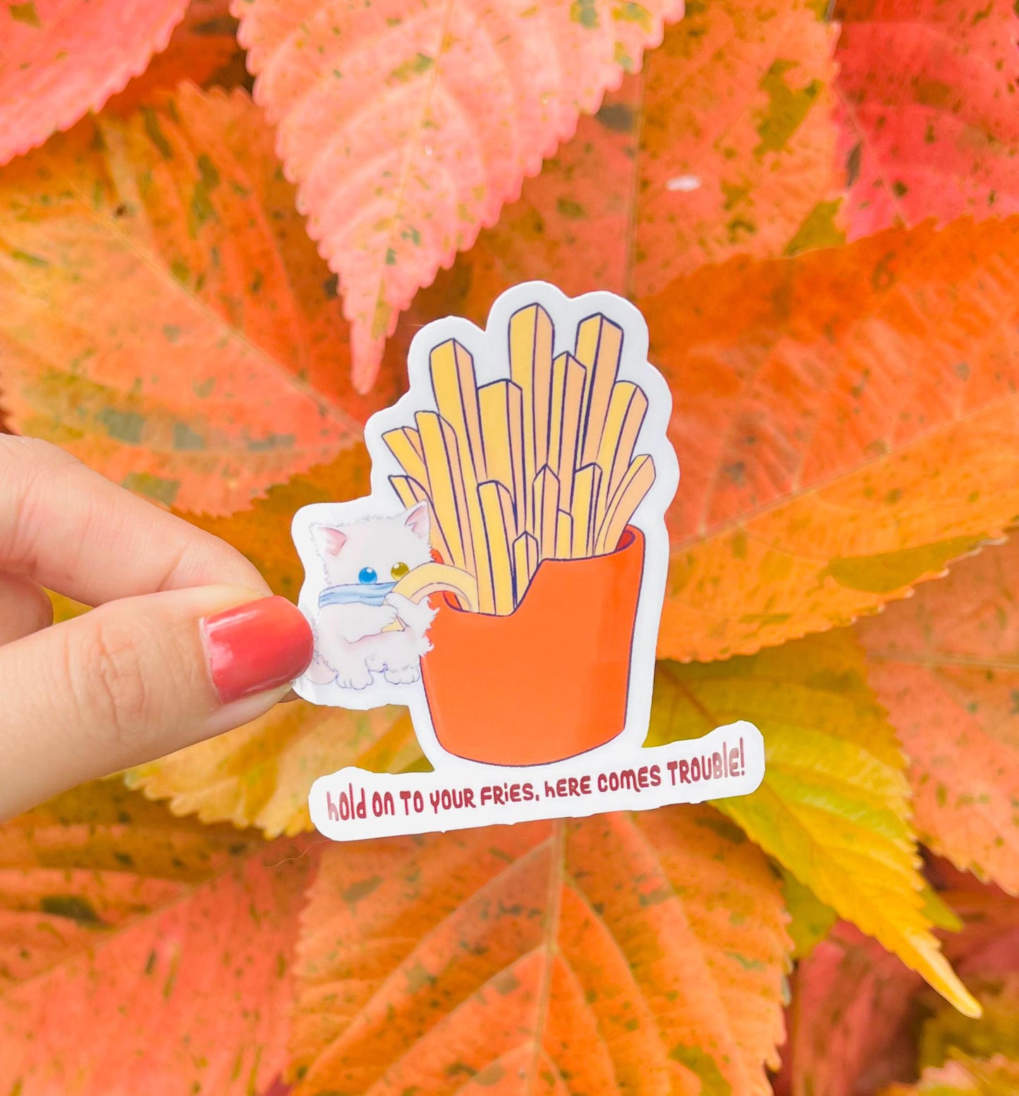 Funny Cat Sticker Stealing Fries – Cute Foodie Vinyl Sticker for Laptop, Journal, Water Bottle – Kawaii Cat Lover Gift