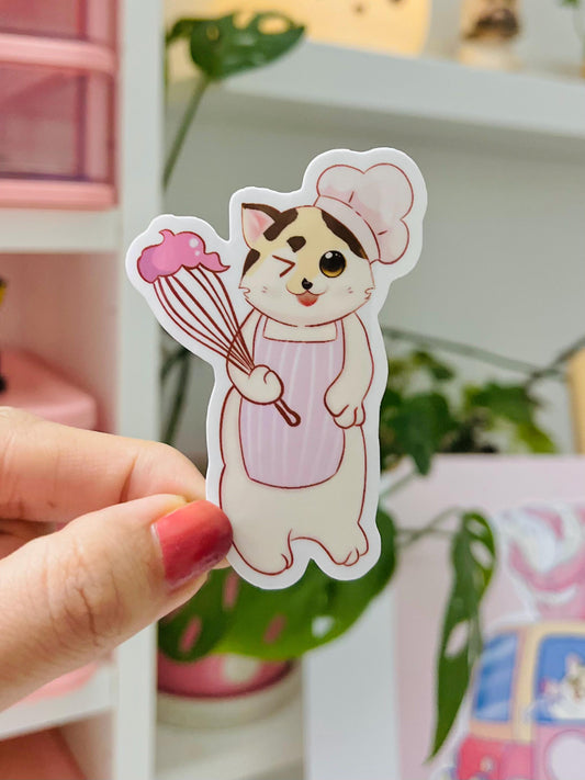 Chef Cat Sticker | Cute Cat Wearing Chef Hat & Whisk | Illustrated Vinyl Sticker for Journals, Laptops, Water Bottles
