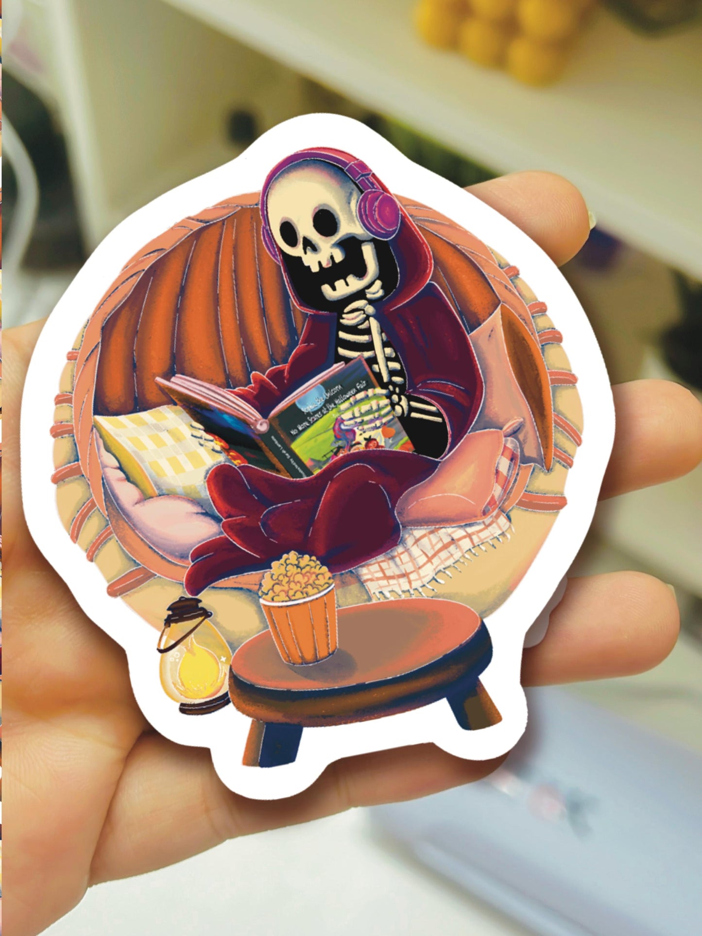 Skeleton Reading Book Sticker: Gothic Halloween Laptop Decal