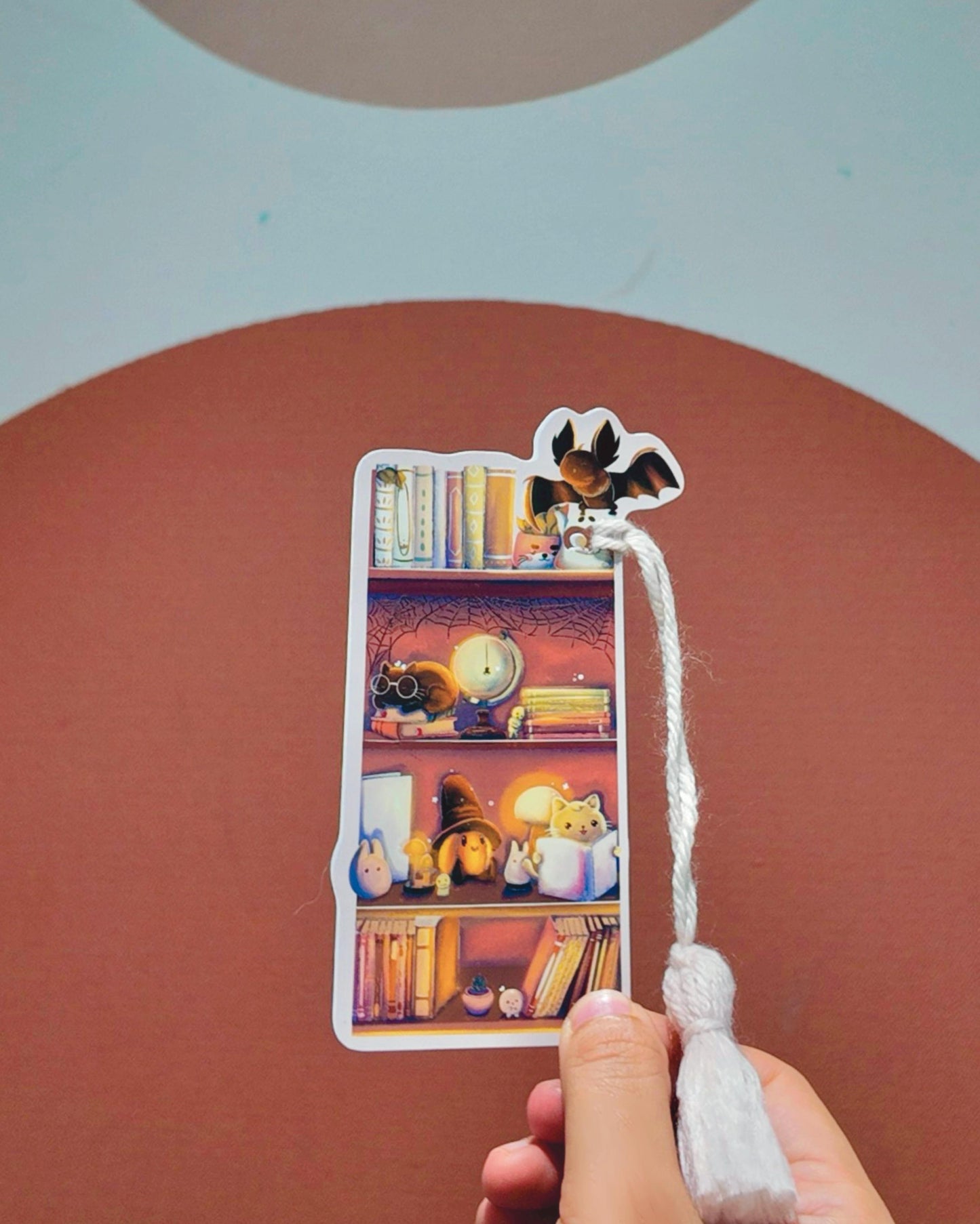 Handmade Halloween Bookmark: Black Cat on Bookshelf with Lamps, Plants, Spider Web, Bat