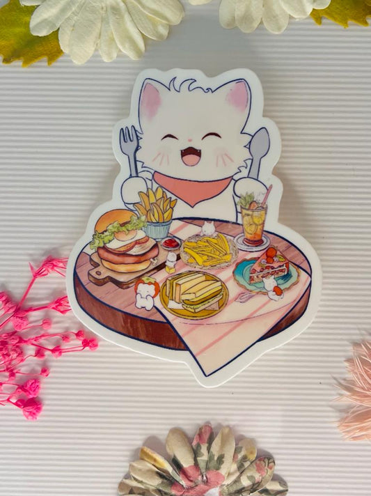 Happy Cat Cafe Food Sticker | Cute Kawaii Cat Eating Burger Fries Dessert | Waterproof Vinyl Sticker for Journaling, Laptop | Foodie Sticker
