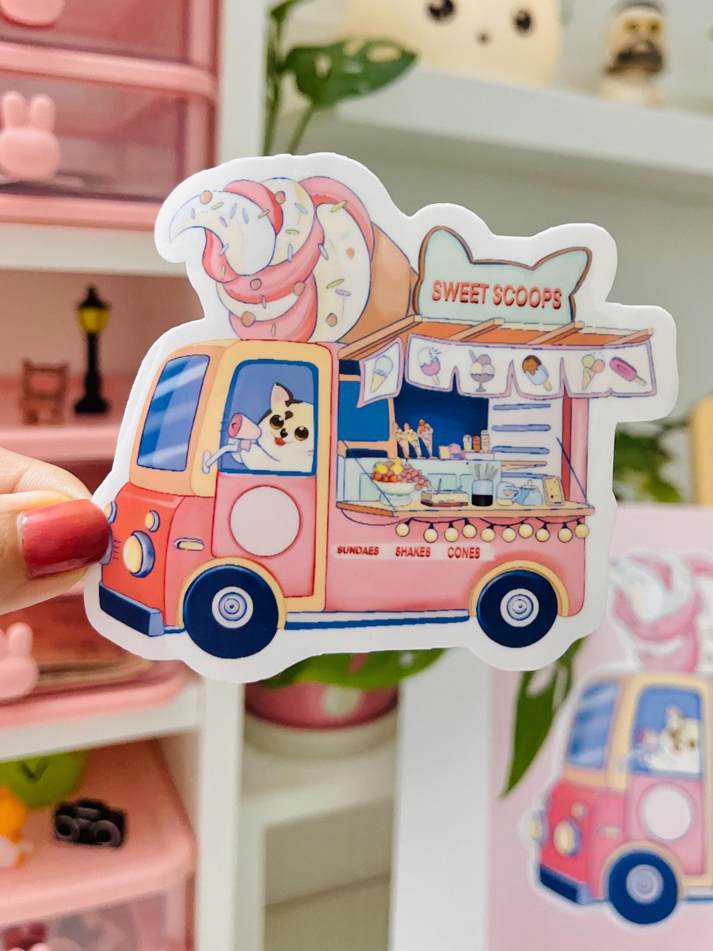Kawaii Cat Dessert Truck Sticker | Cute Ice Cream Vinyl Sticker for Journals, Planners, Scrapbooking, Laptop, Water Bottle (4 inch)