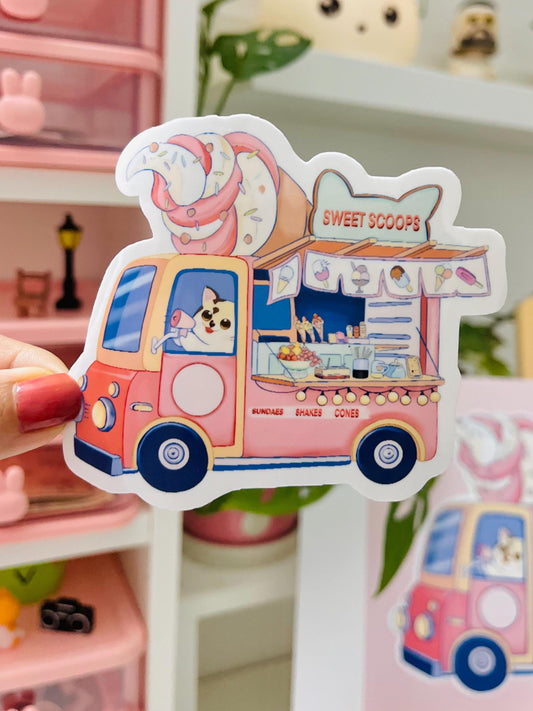 Kawaii Cat Dessert Truck Sticker | Cute Ice Cream Vinyl Sticker for Journals, Planners, Scrapbooking, Laptop, Water Bottle (4 inch)