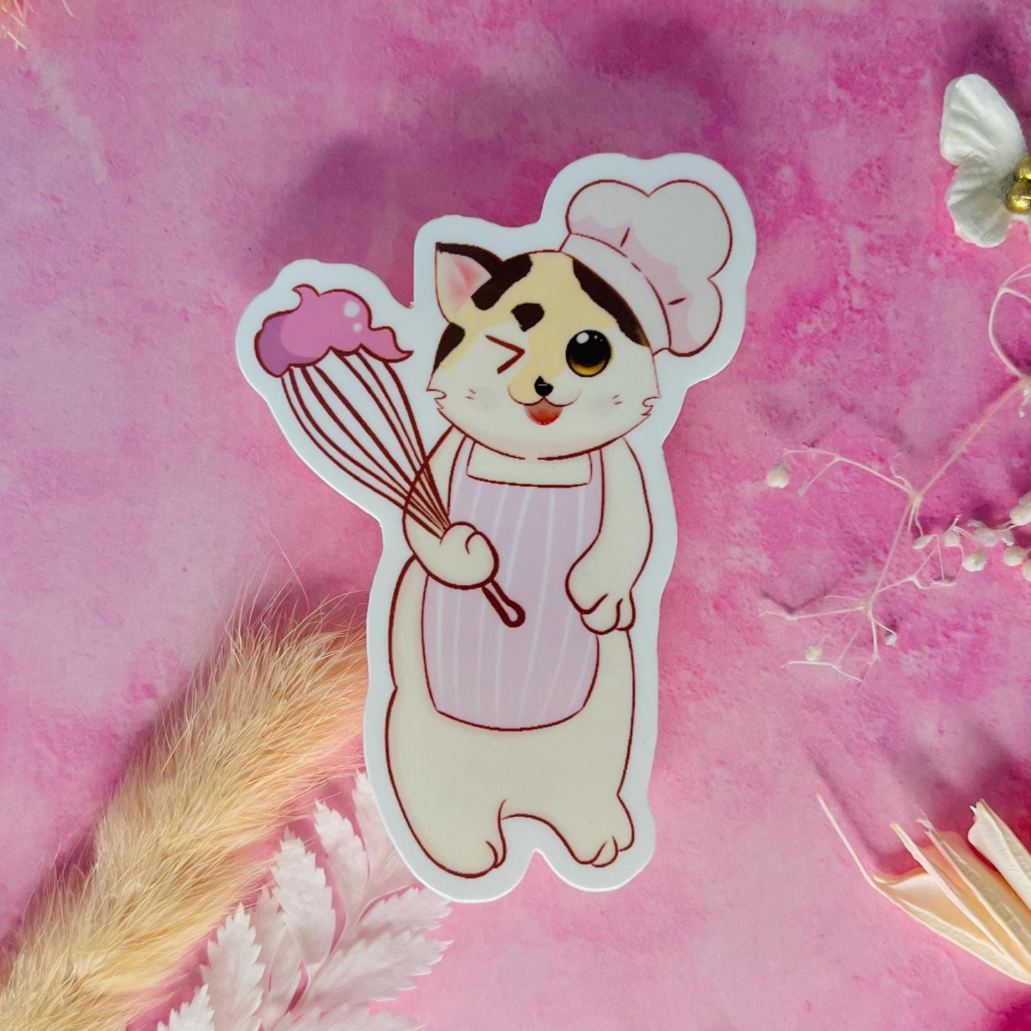 Chef Cat Sticker | Cute Cat Wearing Chef Hat & Whisk | Illustrated Vinyl Sticker for Journals, Laptops, Water Bottles